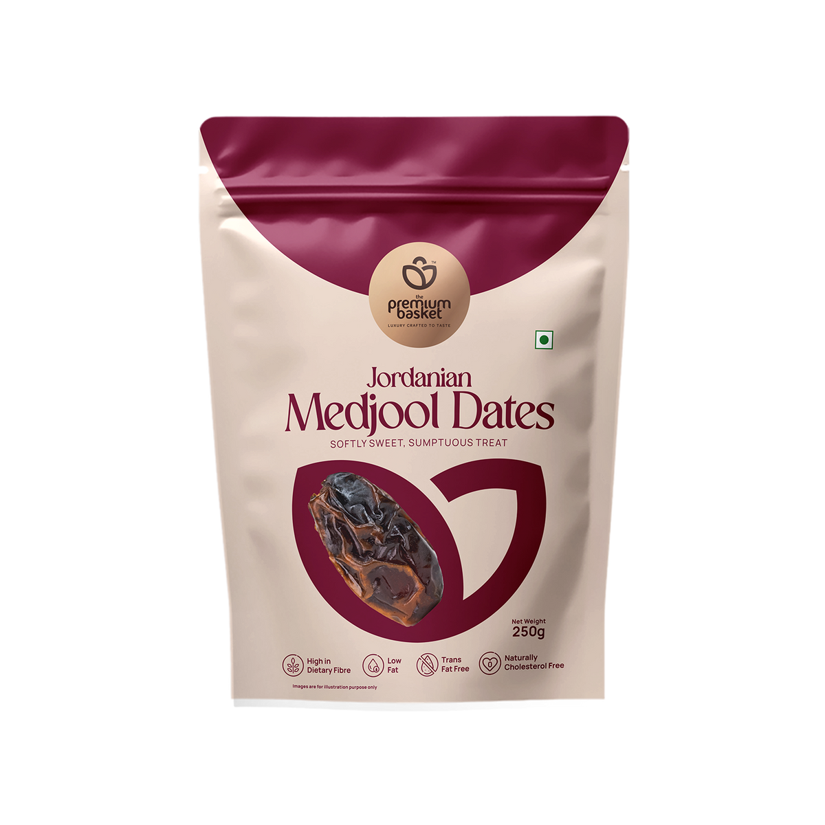 Jordanian Medjool dates pouch, maroon-and-cream stand-up bag with logo, 250g