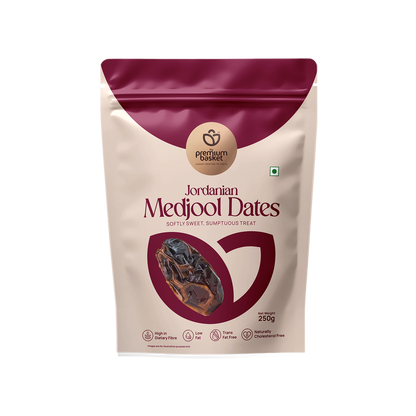 Jordanian Medjool dates pouch, maroon-and-cream stand-up bag with logo, 250g