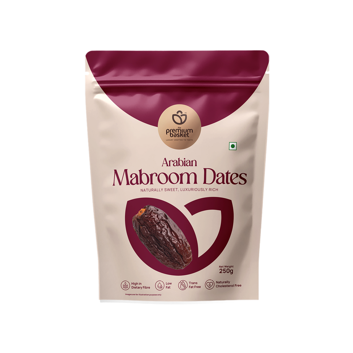 Arabian Mabroom Dates stand-up pouch, maroon-and-cream package