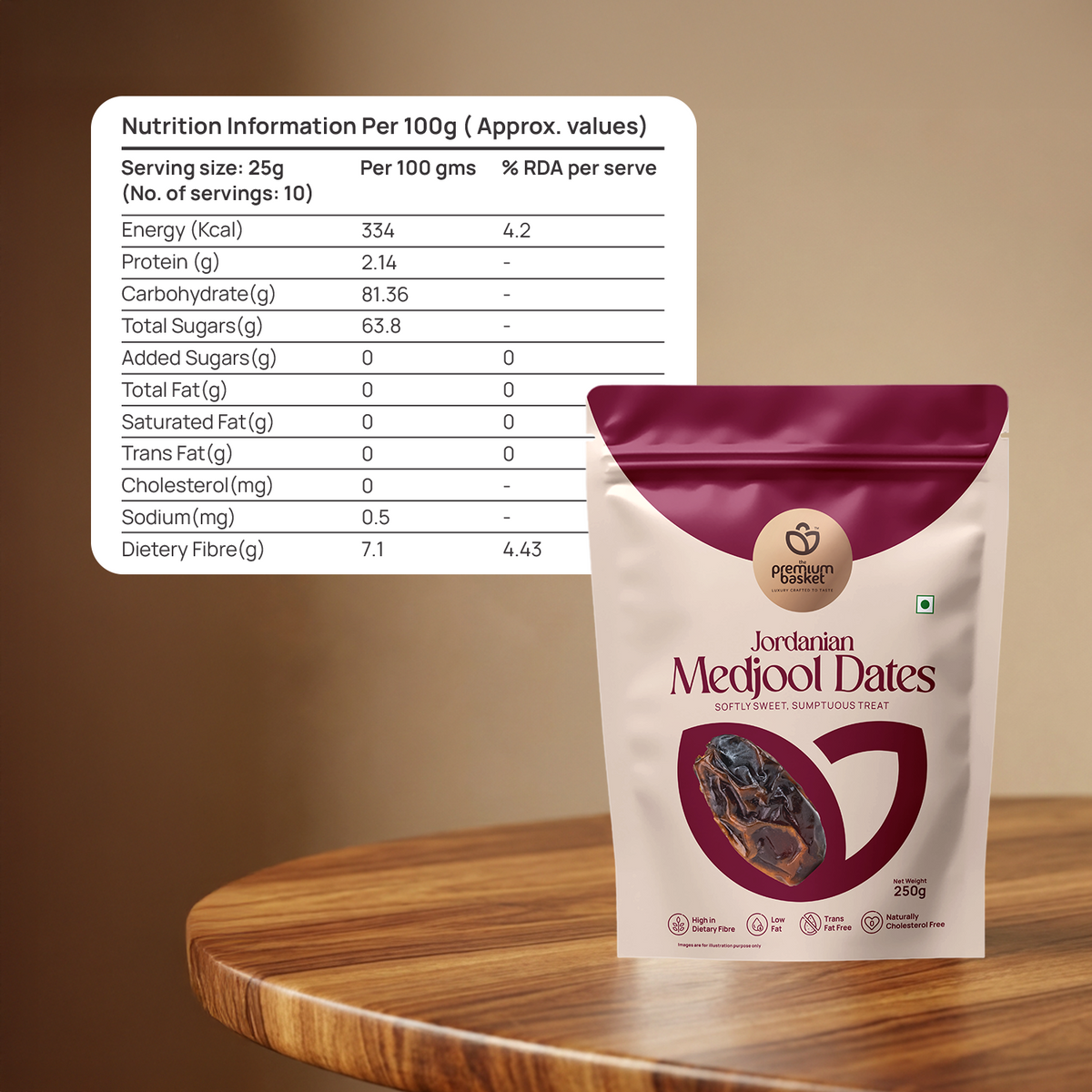 Jordanian Medjool dates pouch, maroon top and cream bag with 250g label