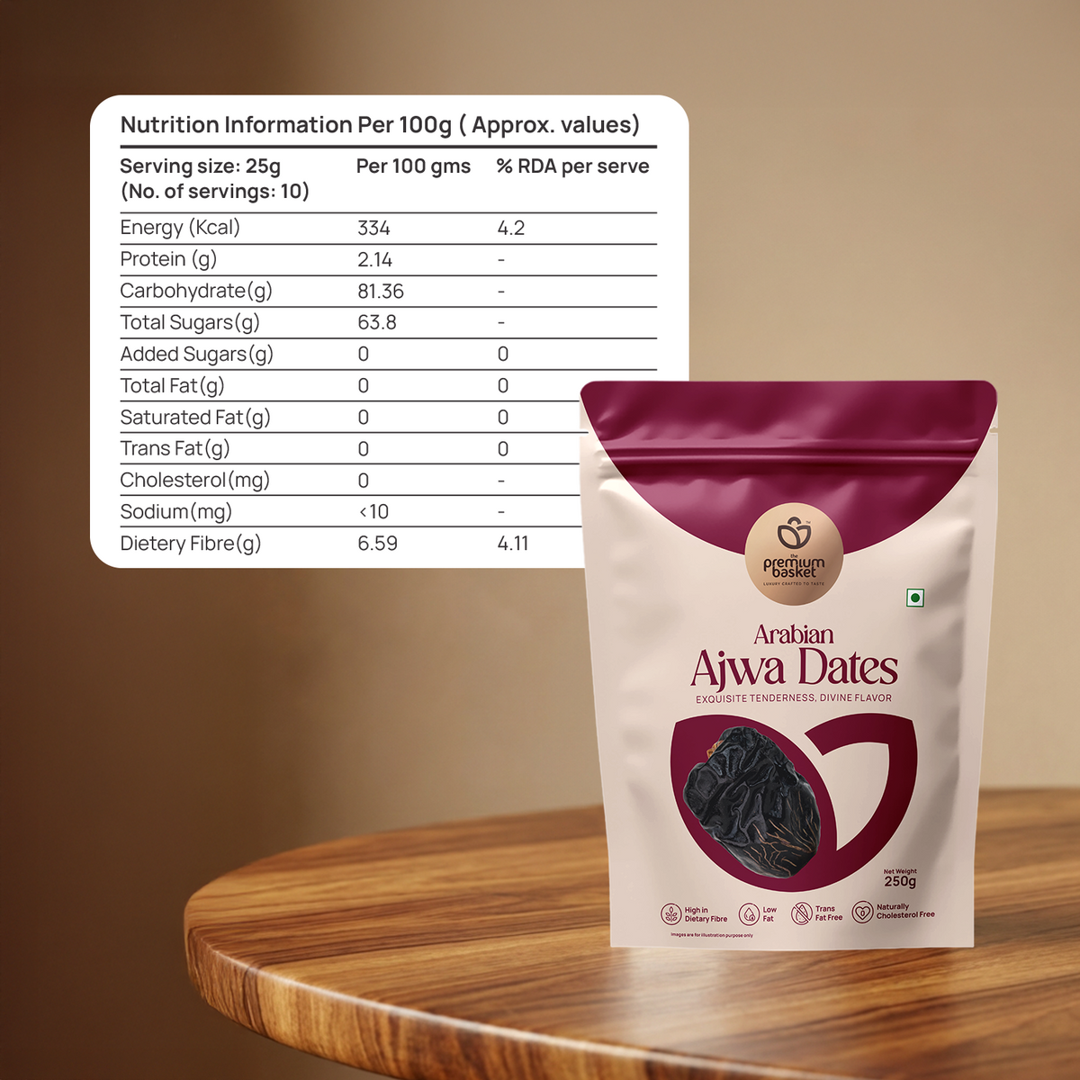 Ajwa dates pouch with nutrition information panel visible on the side