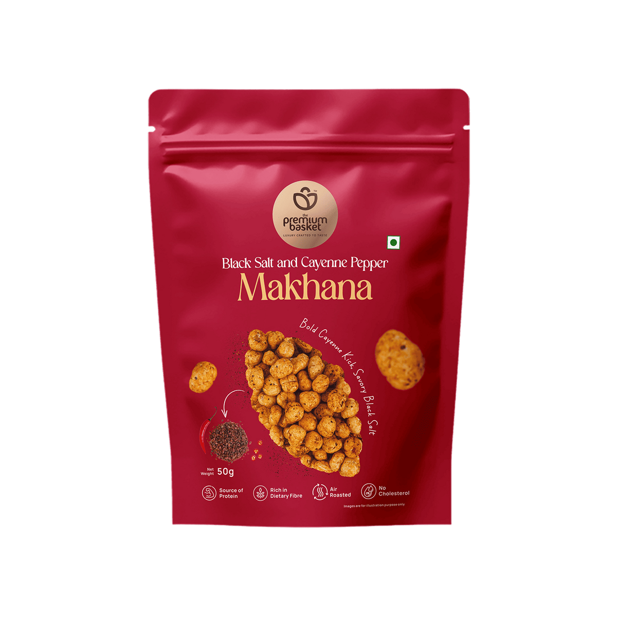Red Makhanana front pouch with roasted makhana graphic and flavor name