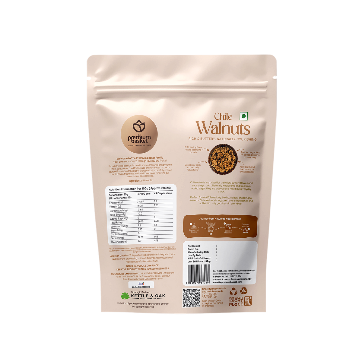 Chile Walnuts 250g pouch with back nutrition and ingredients panel