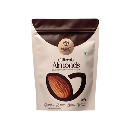 Almonds snack pouch with almond logo and 250g net weight, front label view