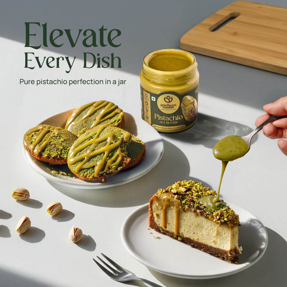Pistachio nut butter jar with toast slices and cheesecake topped with pistachio
