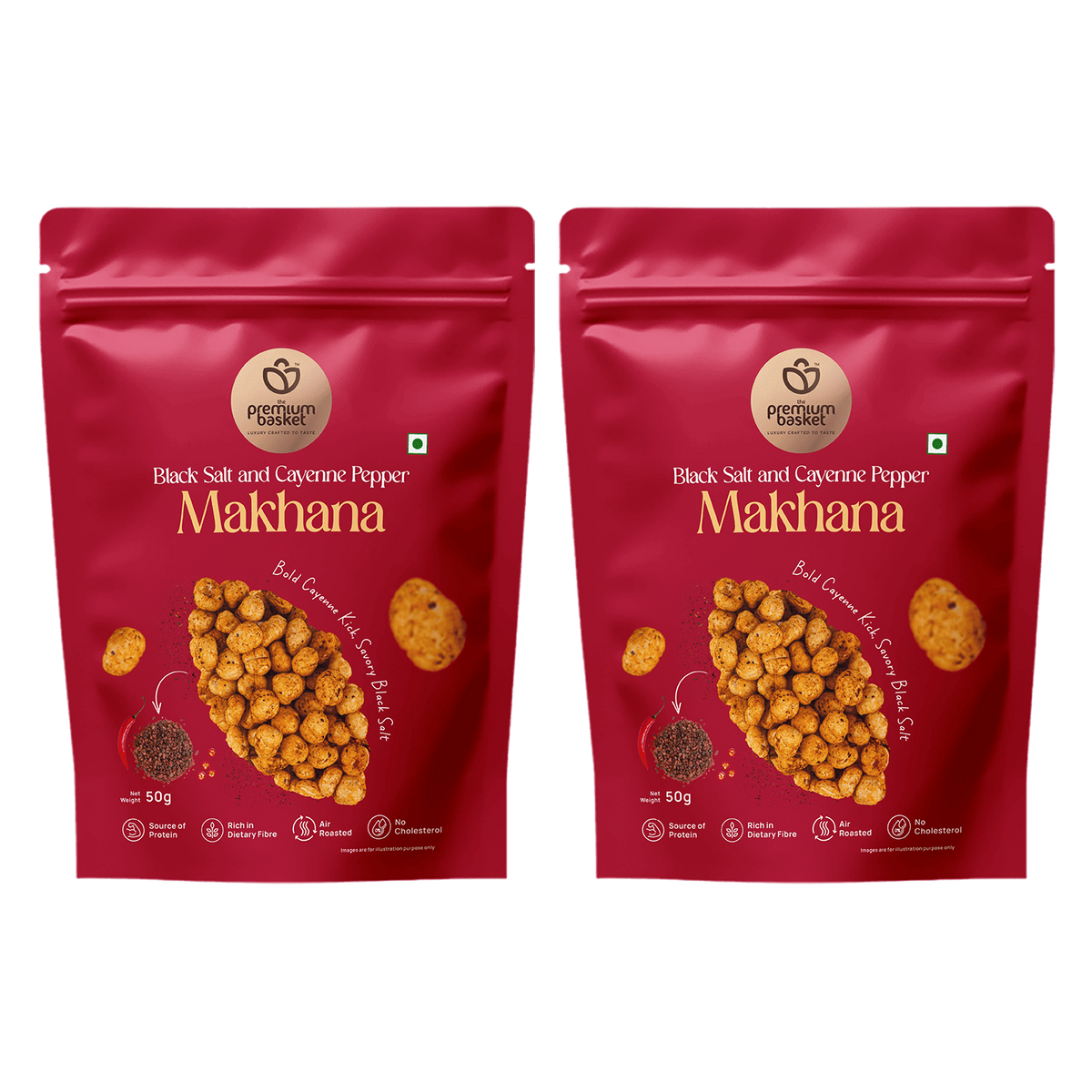 Two red Makhanana snack pouches side by side