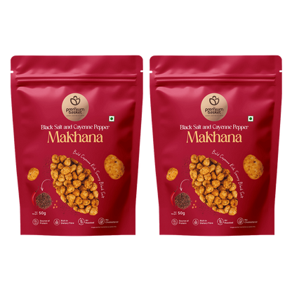 Two red Makhanana snack pouches side by side