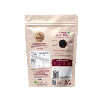 Ajwa dates pouch back view with ingredient and nutrition information