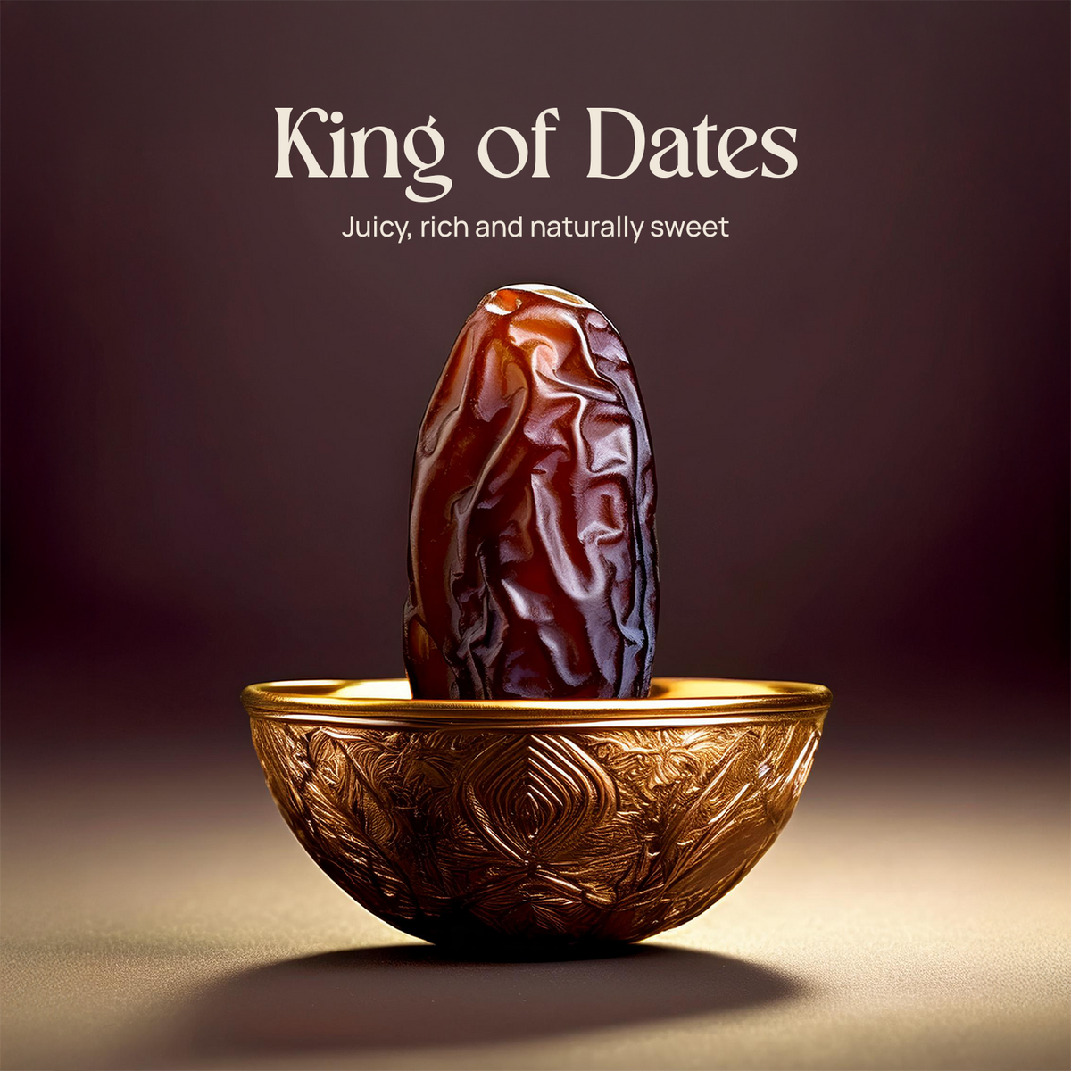 Medjool date in ornate gold bowl, dark glossy single date