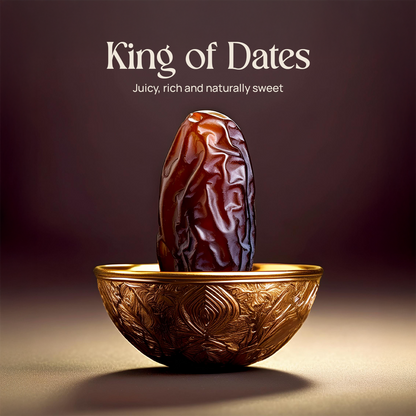 Medjool date in ornate gold bowl, dark glossy single date
