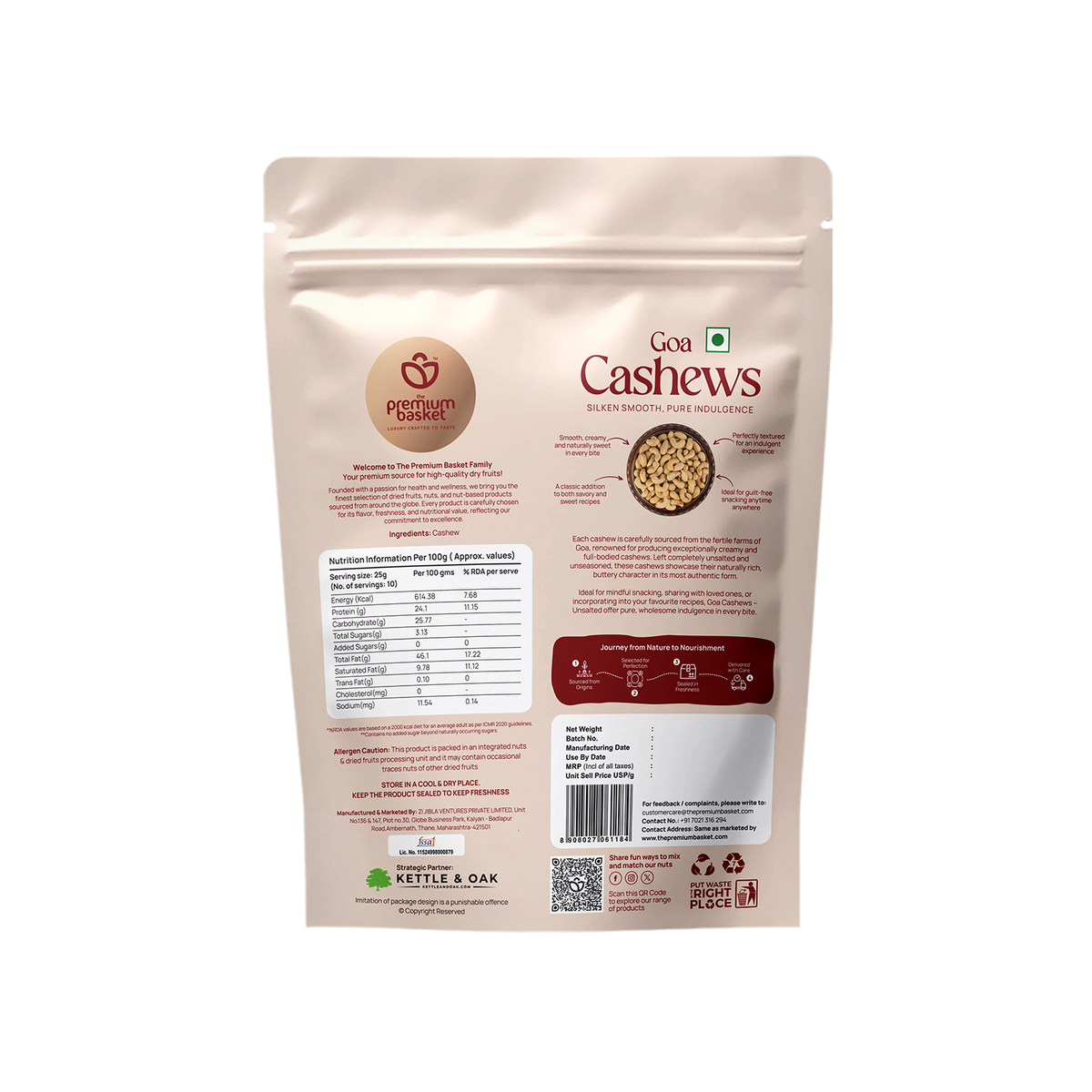 Goa Cashews pouch, back view with product details
