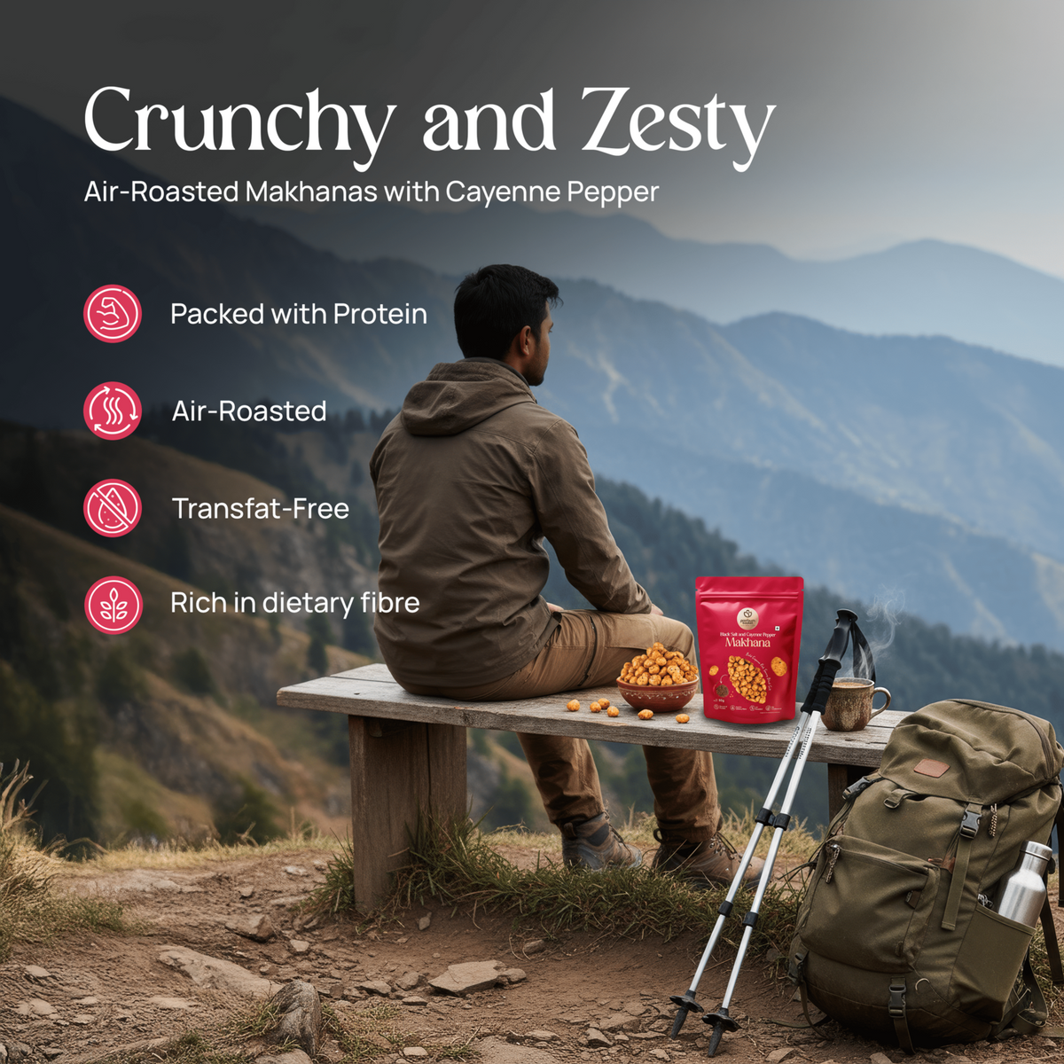 Makhana snack pouch on an outdoor campsite table with roasted makhana pieces