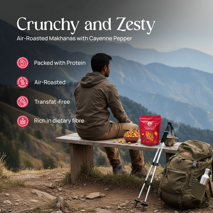 Makhana snack pouch on an outdoor campsite table with roasted makhana pieces