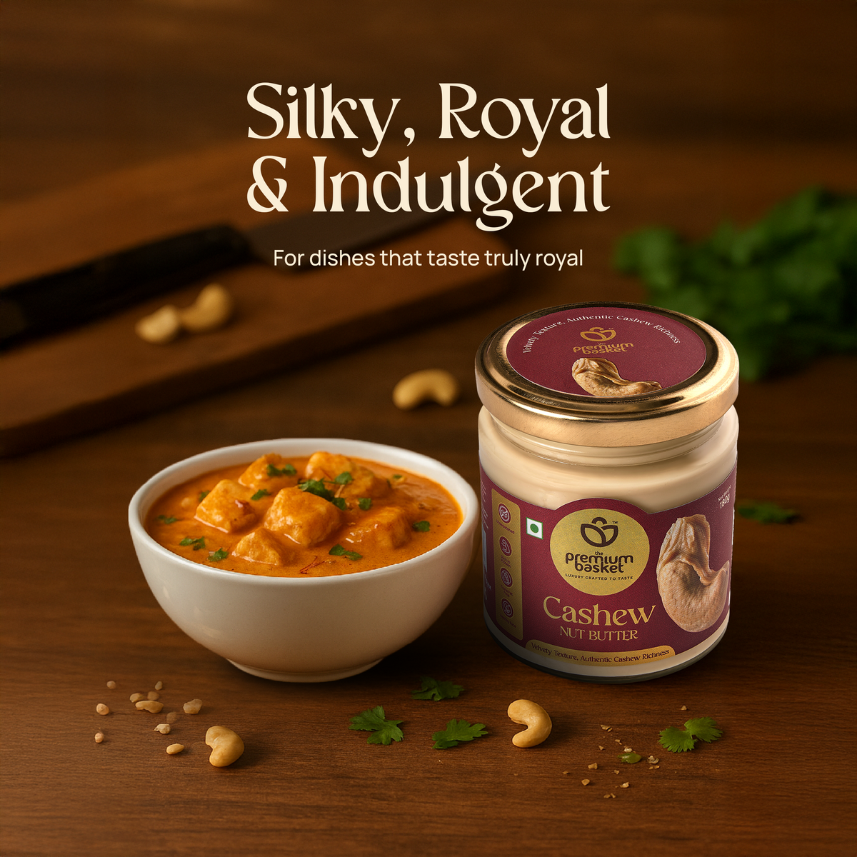 Cashew nut butter jar with bowl of creamy sauce and scattered cashews