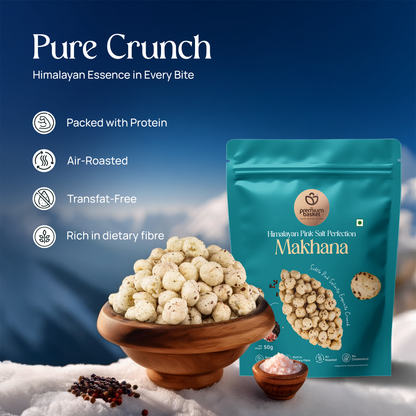 Turquoise makhana snack pouch with a bowl of puffed lotus seeds