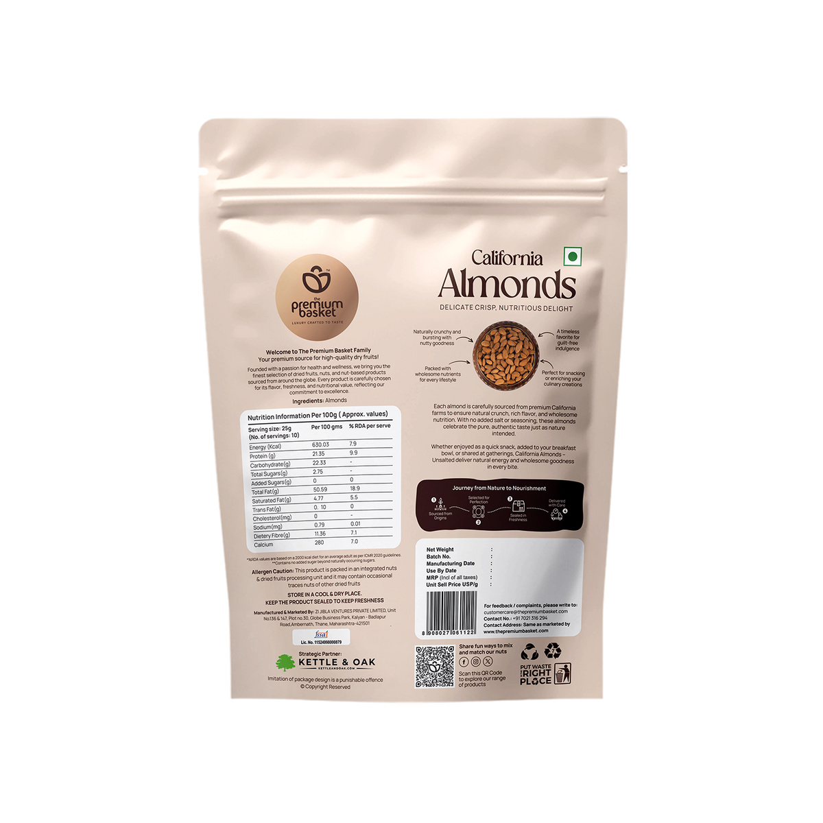 Almonds snack pouch back panel with nutrition facts and barcode, 250g