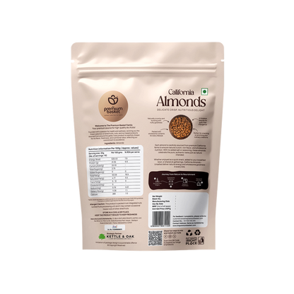 Almonds snack pouch back panel with nutrition facts and barcode, 250g