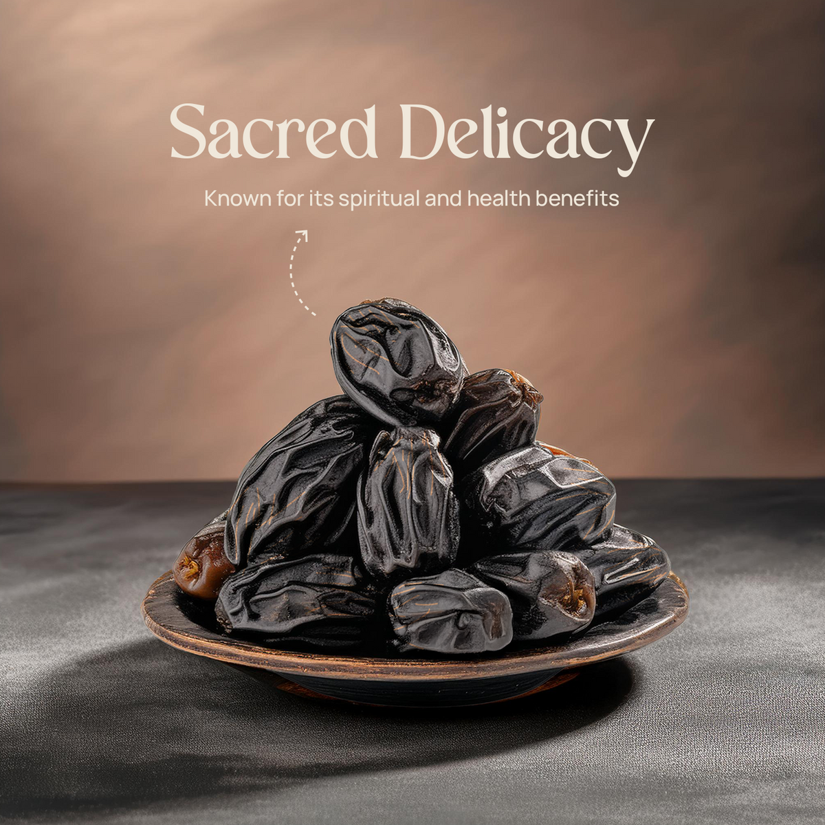Bowl of dark Ajwa dates with glossy skins and a few lighter brown pieces