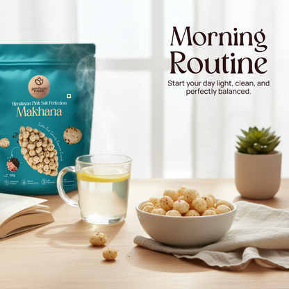 Turquoise makhana snack pouch beside bowls of puffed lotus seeds and a cup