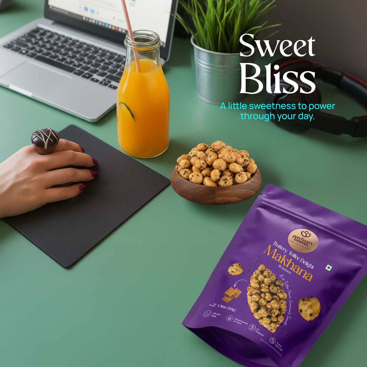 Purple makhana snack pouch on table with wooden bowl of roasted makhana