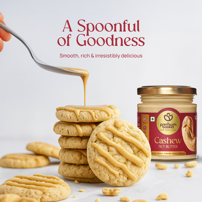 Cashew nut butter jar beside cookies with creamy drizzle