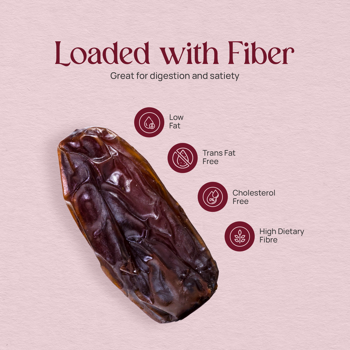 Medjool date with fiber icons, dark glossy fruit