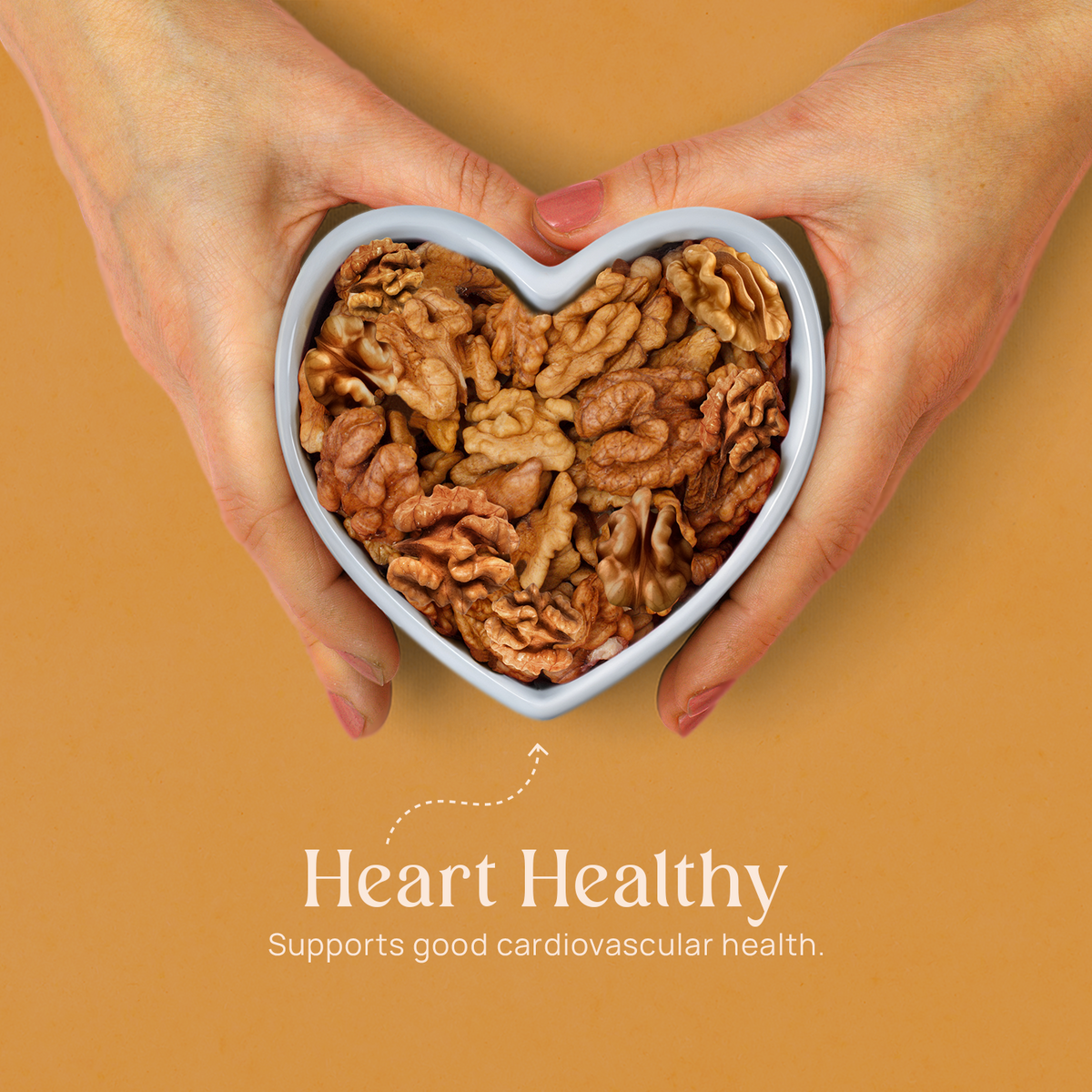 Hands holding a heart-shaped bowl of chile walnut kernels