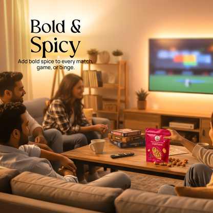 Red makhana snack pouch on a coffee table in a living room setting