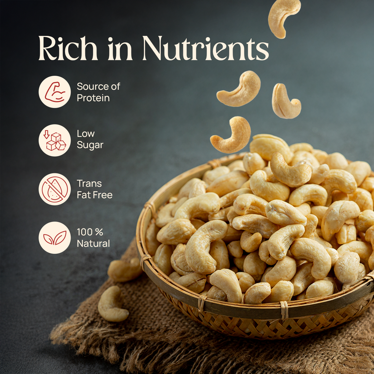 Cashew nuts in a woven bowl