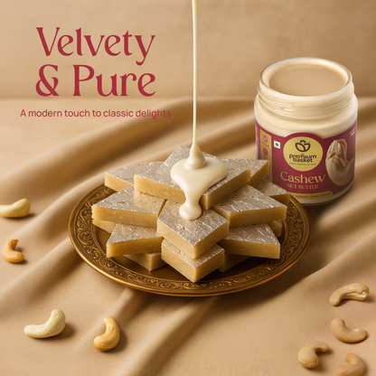 Cashew nut butter jar with pale cream spread on crackers