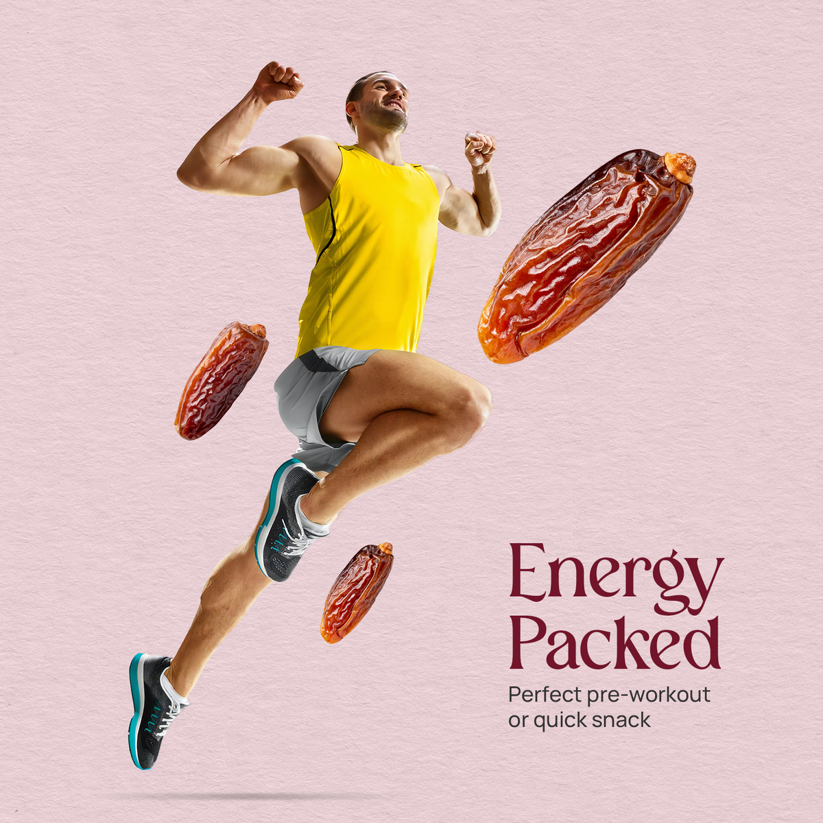 Arabian Mabroom dates shown as snack pieces around a running person
