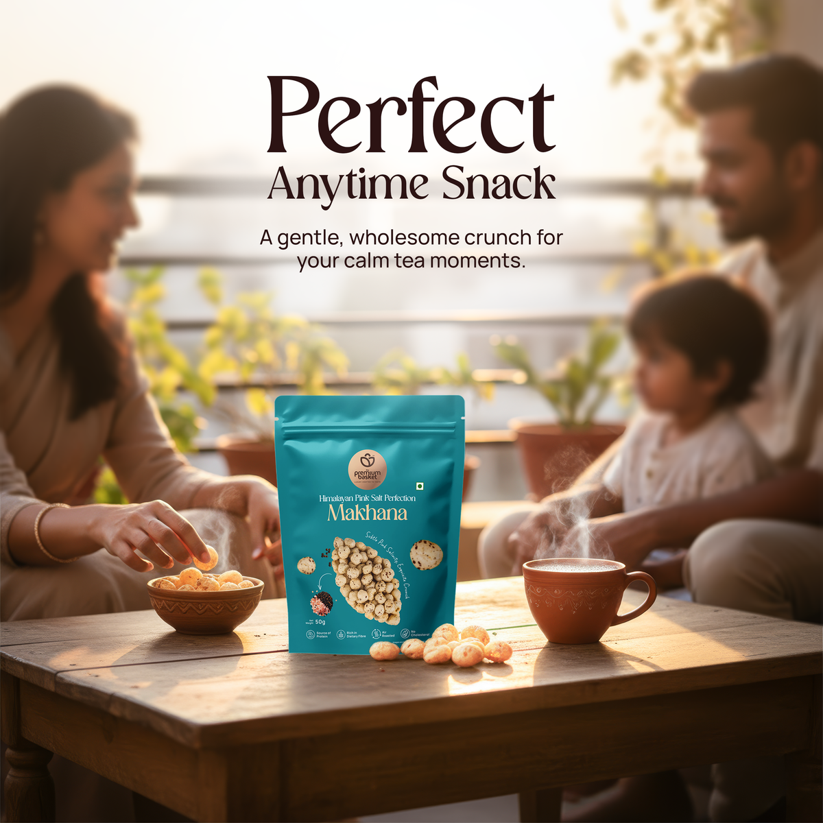 Turquoise makhana snack pouch on a table with puffed lotus seeds visible nearby