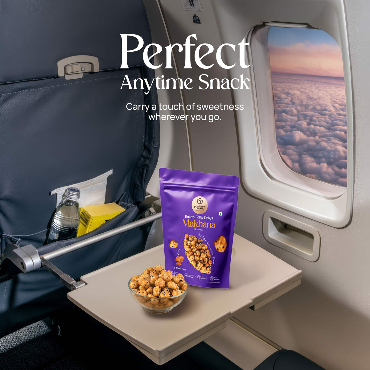 Purple makhana snack pouch and bowl of makhana on airplane tray table