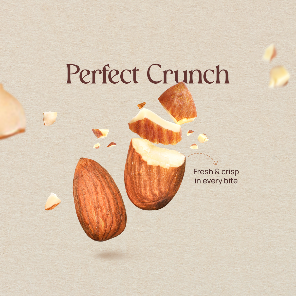 Whole and broken almonds with crumbs, crunchy snack pieces