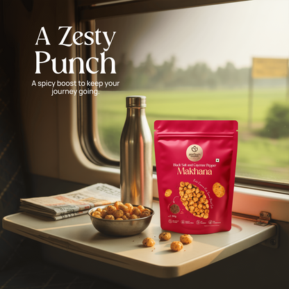 Makhana snack pouch on a tray with roasted makhana beside a window