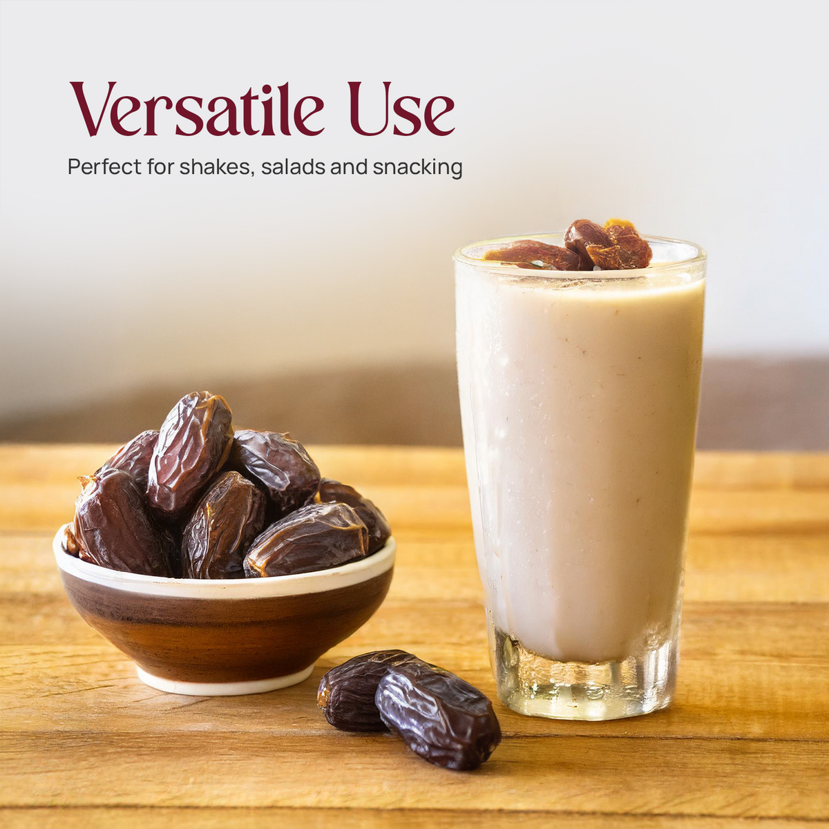 Medjool dates with glass drink and small bowl for snacking