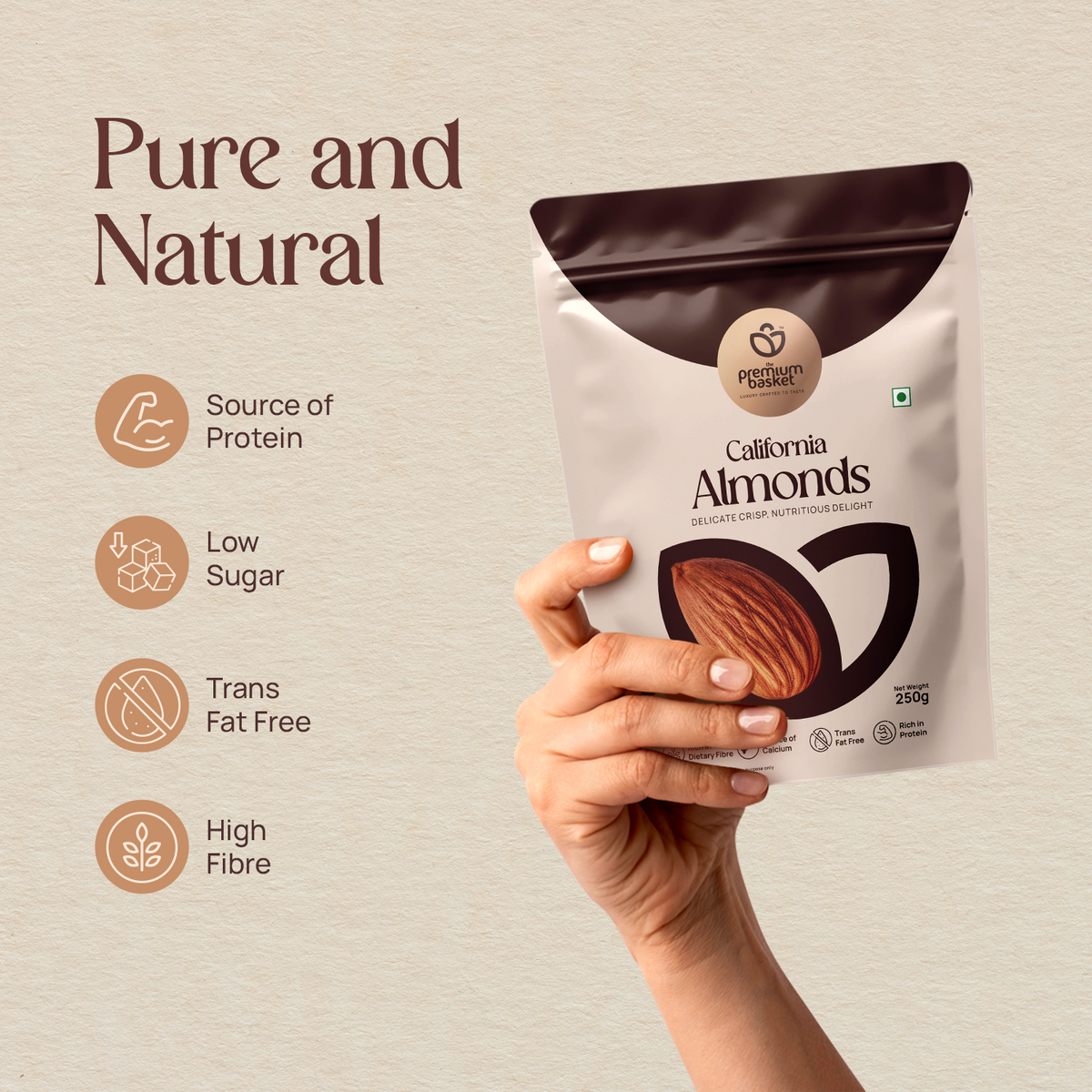 Almonds snack pouch held in hand, white and dark brown top, 250g