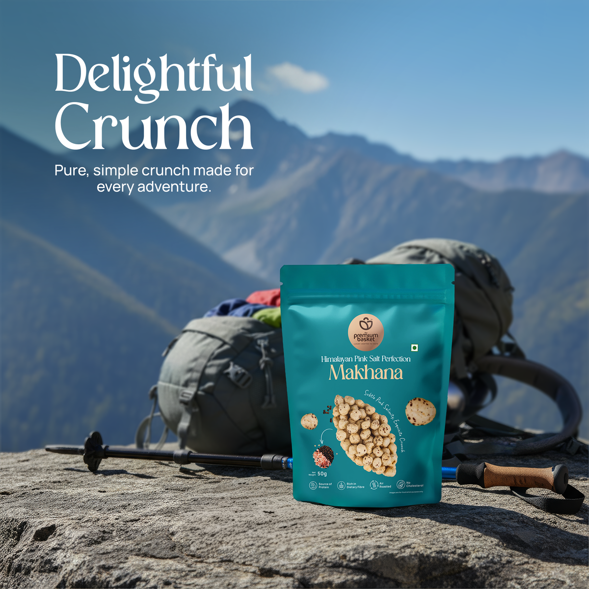 Turquoise makhana snack pouch with graphic puffed lotus seeds on outdoor surface