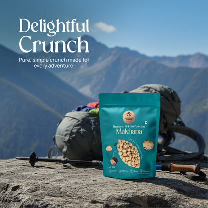Turquoise makhana snack pouch with graphic puffed lotus seeds on outdoor surface