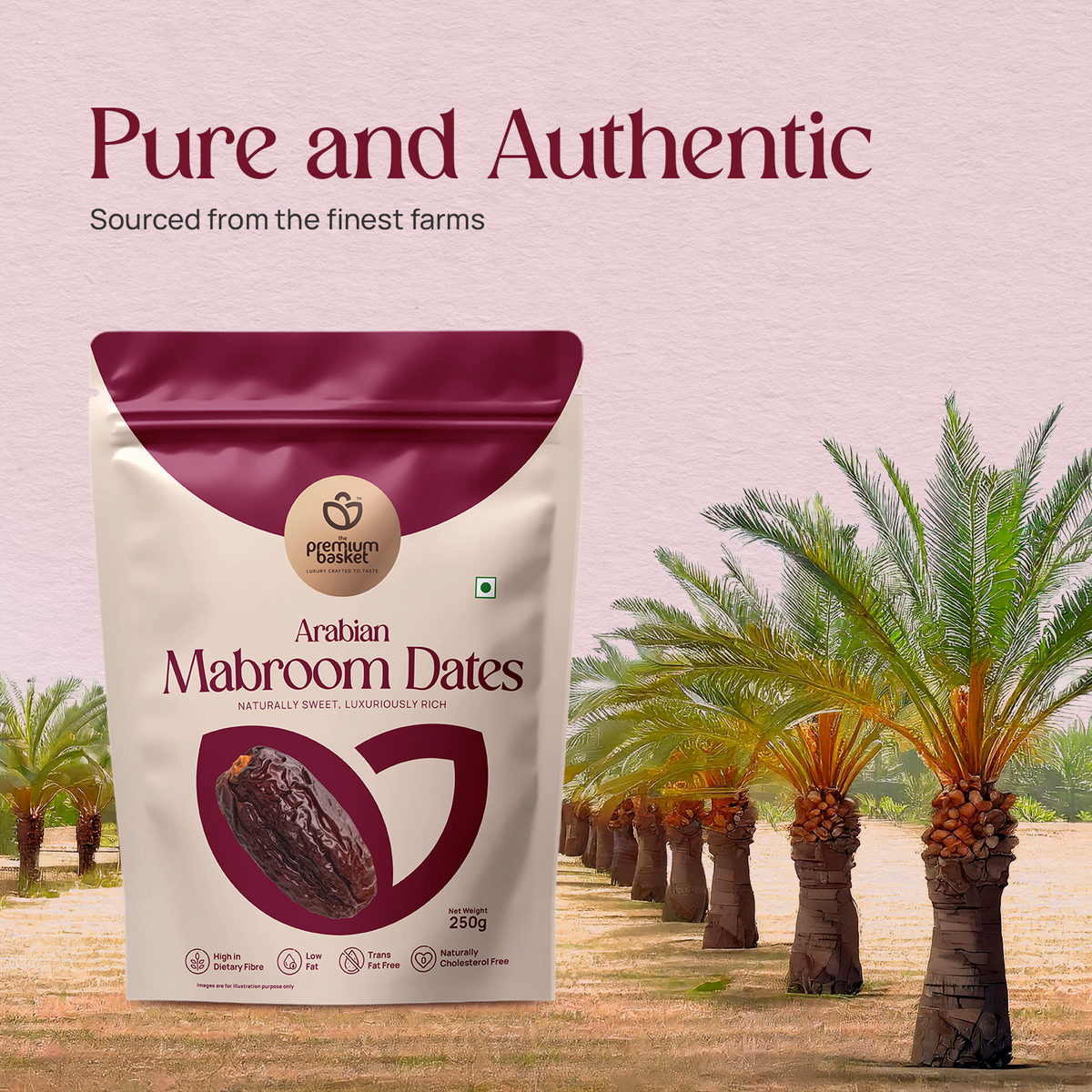 Arabian Mabroom Dates stand-up pouch with maroon top and date fruit seal