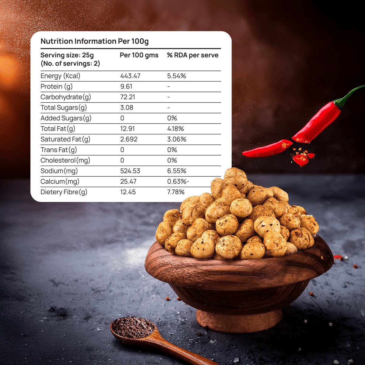 Makhana snack bowl with nutrition facts panel and a red cayenne chili