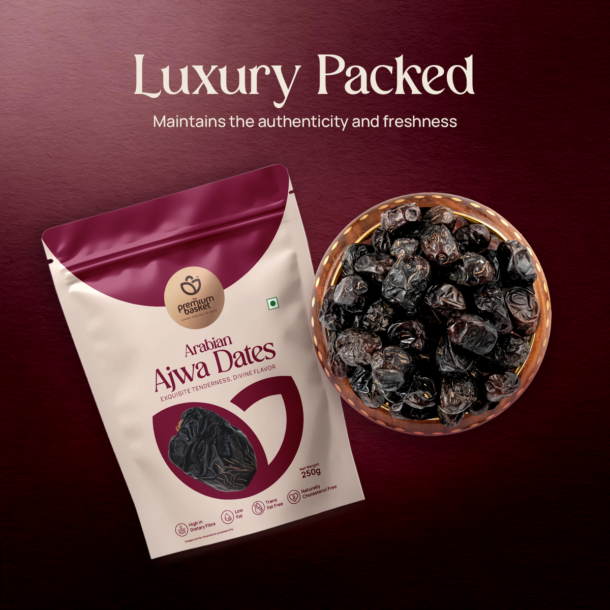 Ajwa dates pouch beside a bowl of dark, wrinkled dates