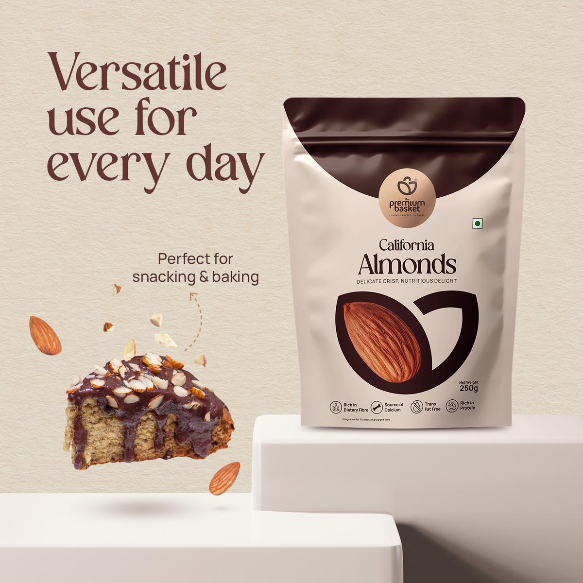 Almonds snack pouch on table with nut pieces nearby, 250g