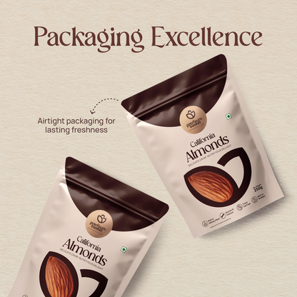 Two almonds snack pouches side by side, white with dark brown top, 250g