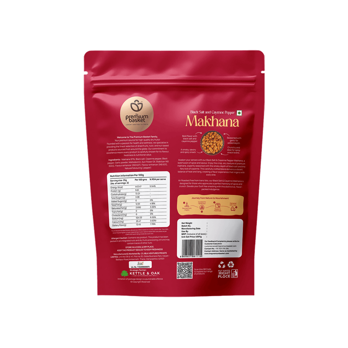 Red Makhanana back pouch with nutrition information panel and barcode