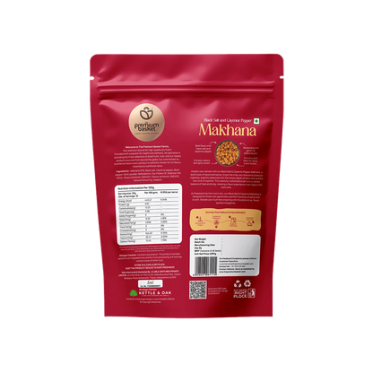 Red Makhanana back pouch with nutrition information panel and barcode