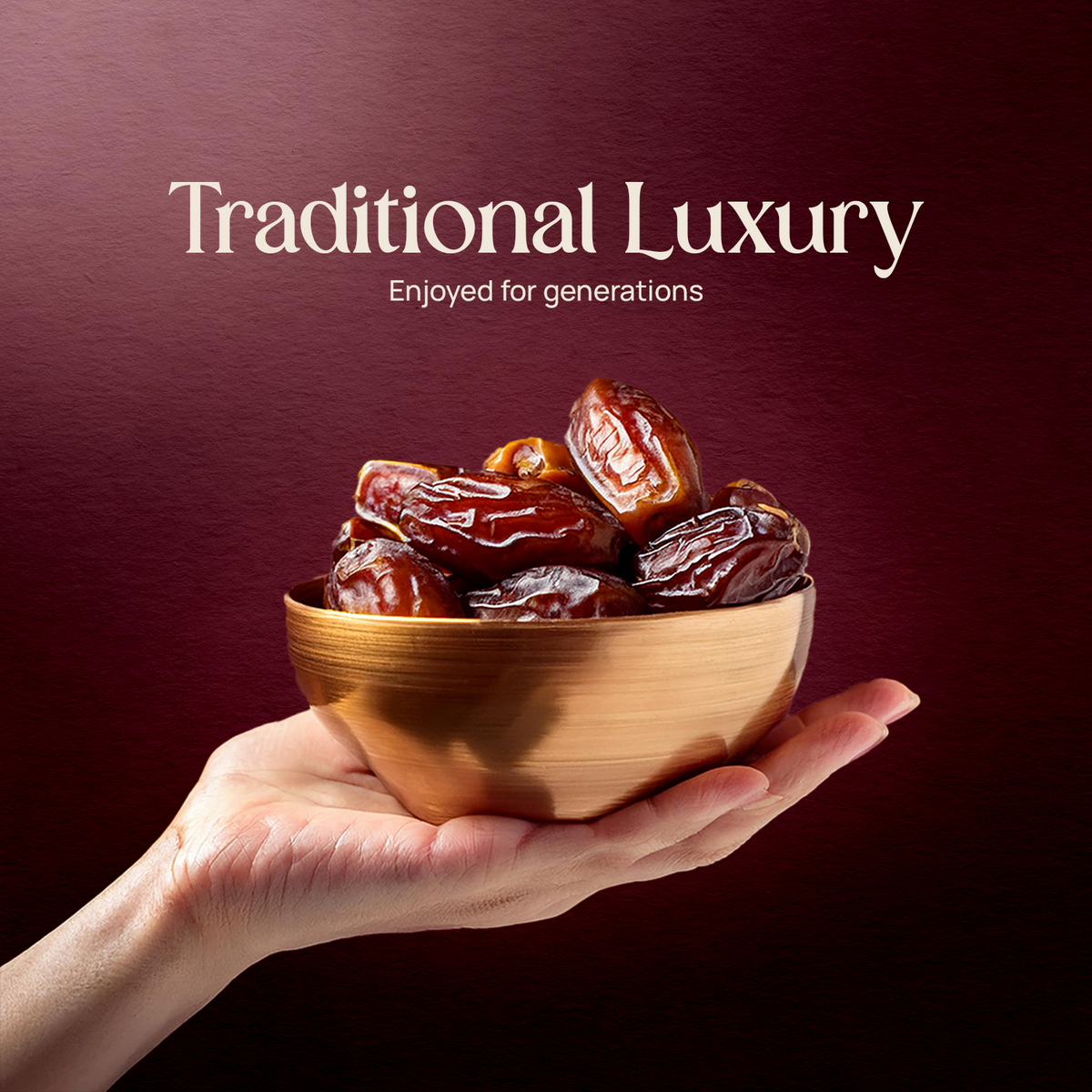 Bowl of dark Arabian Mabroom dates held in a hand