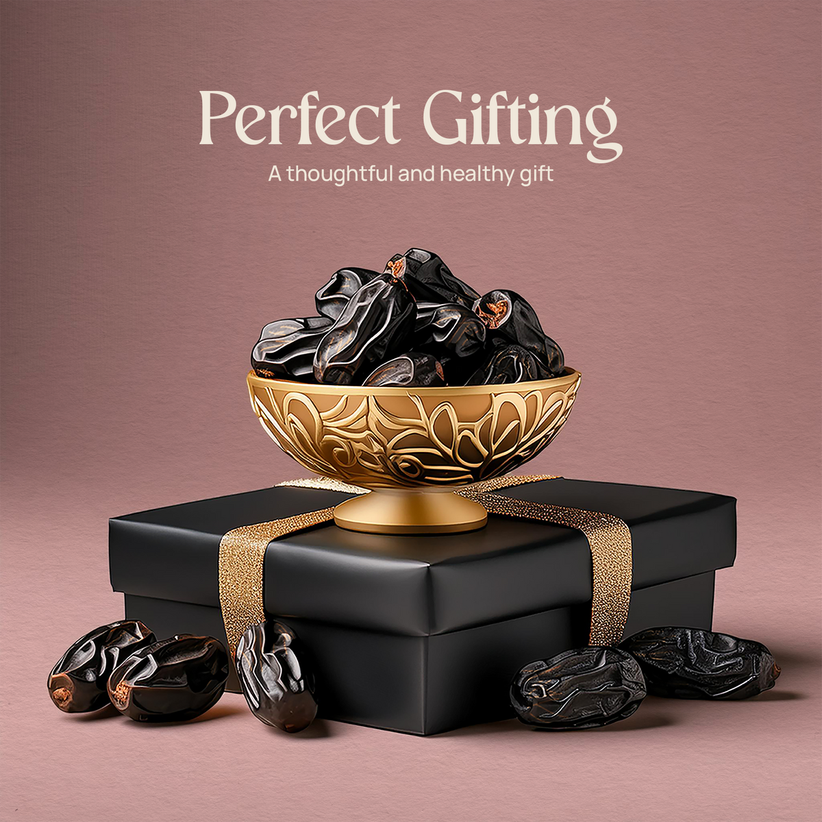Bowl gift with dark, wrinkled Ajwa dates on top and scattered dates around
