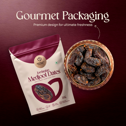 Jordanian Medjool dates pouch with bowl of dark dates, premium basket