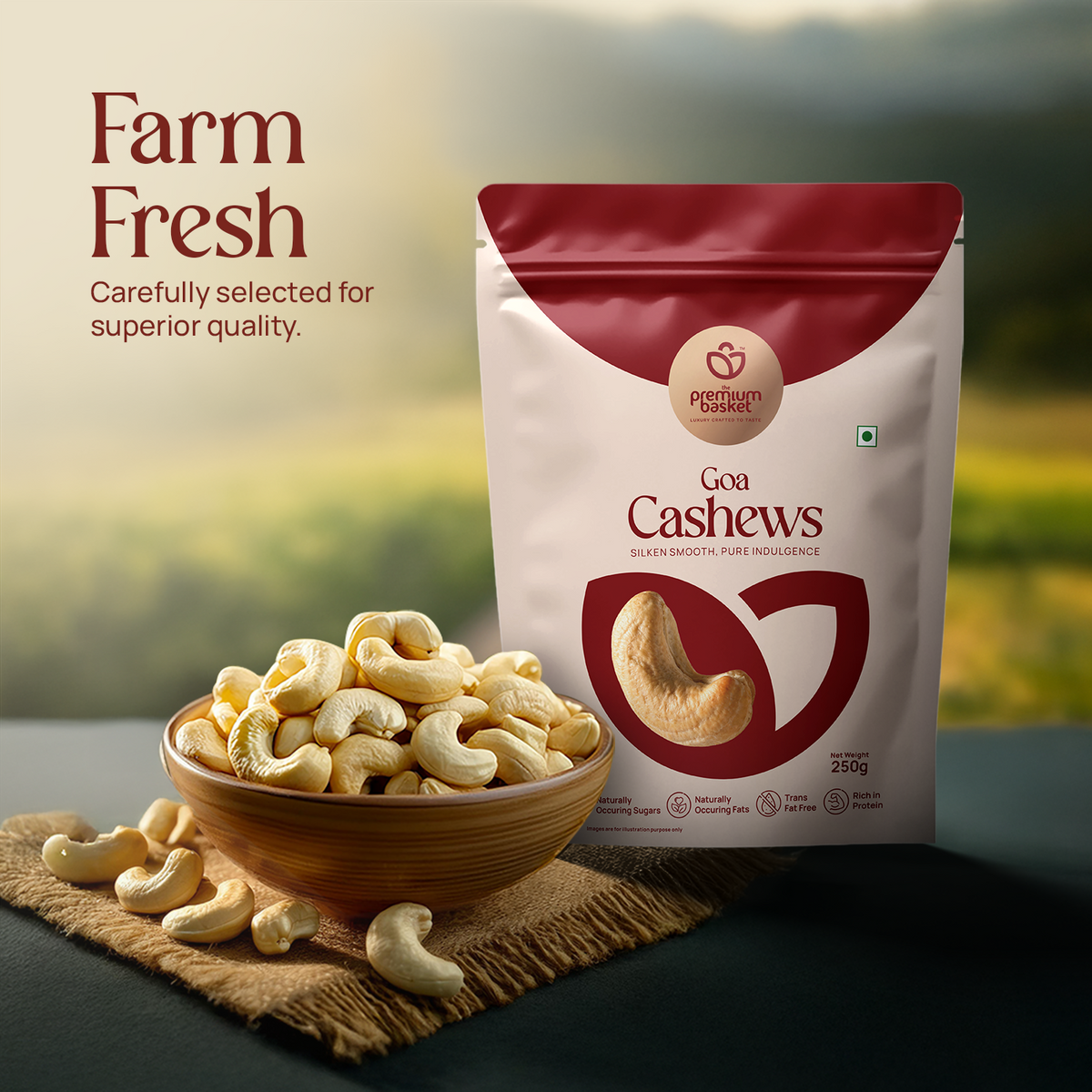 Goa Cashews pouch with cashew nuts and a bowl of cashews